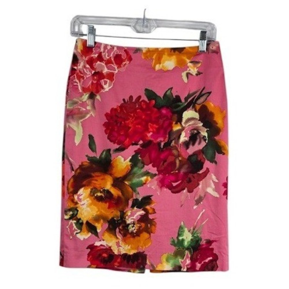 Talbots Pencil Skirt Womens 2P Pink Floral Print Cotton Blend Career Pencil